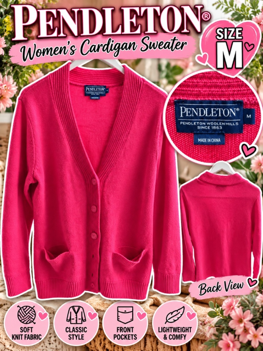 Pendleton Women’s Pink Button Front Cardigan Sweater Size M